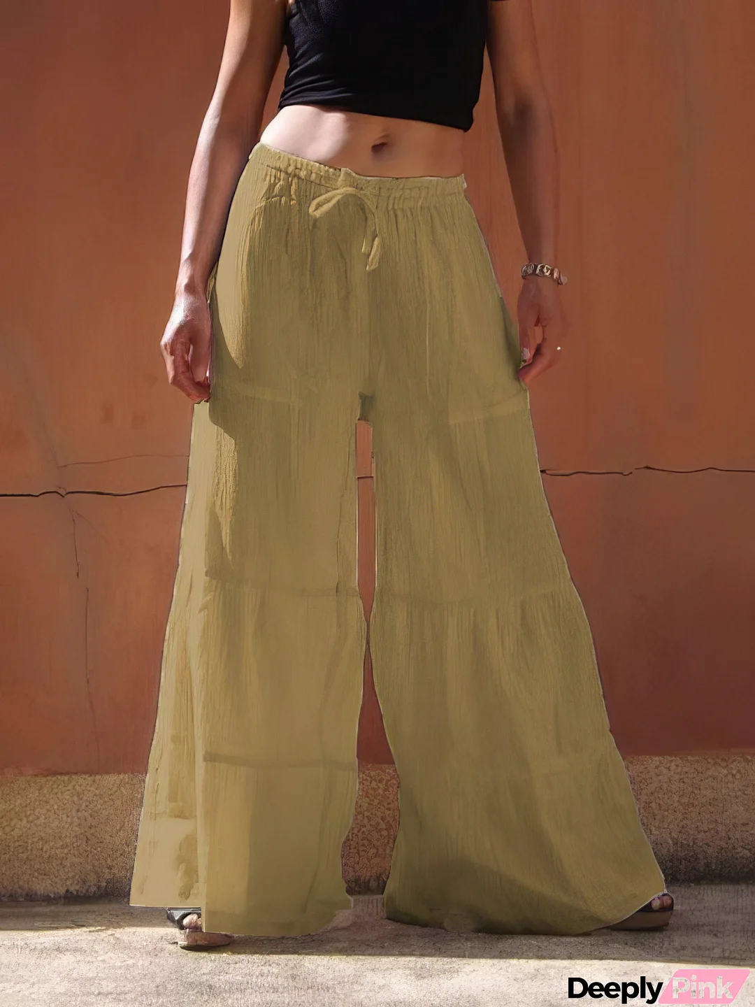 Loose Solid Elastic Waist Plus Size Wide Leg Pants
