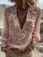 Women's Pink Floral Art Linen Blend V Neck T-shirt