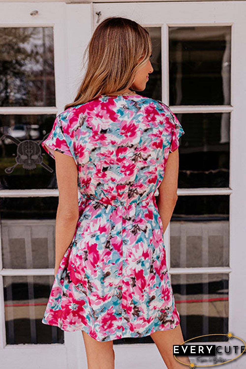 Red V Neck Short Sleeve Floral Dress