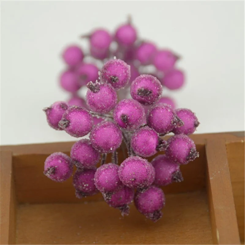 20pcs Mini Double Heads Artificial Glass Berries Pomegranate Red Cherry Bouquet Stamen Christmas Decorative DIY Craft Fake Fruit