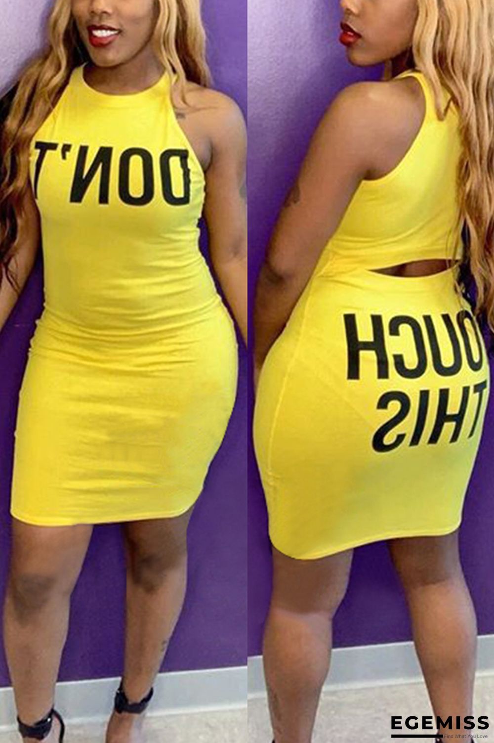 Yellow Sexy Fashion Tank Sleeveless O neck Straight Knee-Length Print hole Patchwork Club Dresse | EGEMISS