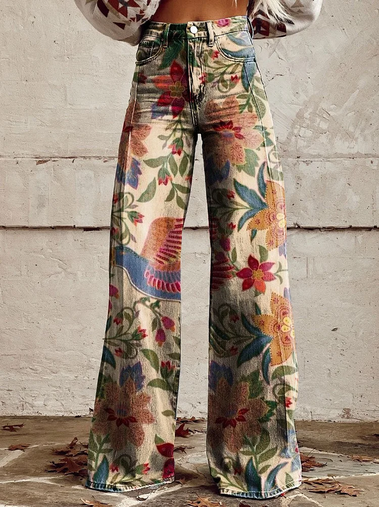 Women's Vintage Print Casual Wide Leg Pants