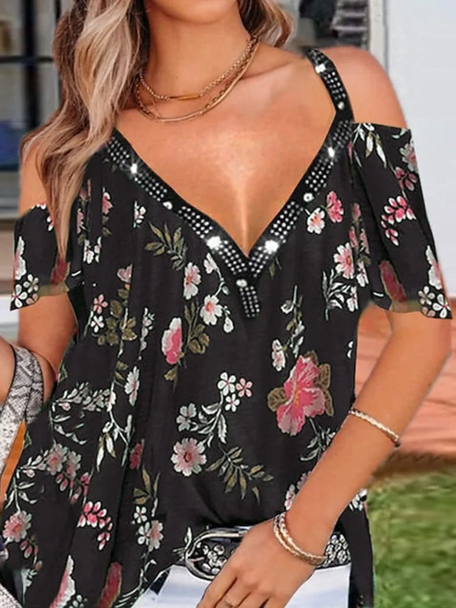 Women's Blouses V-neck Floral Printed Off-the-shoulder Short Sleeve Plus Size Tops