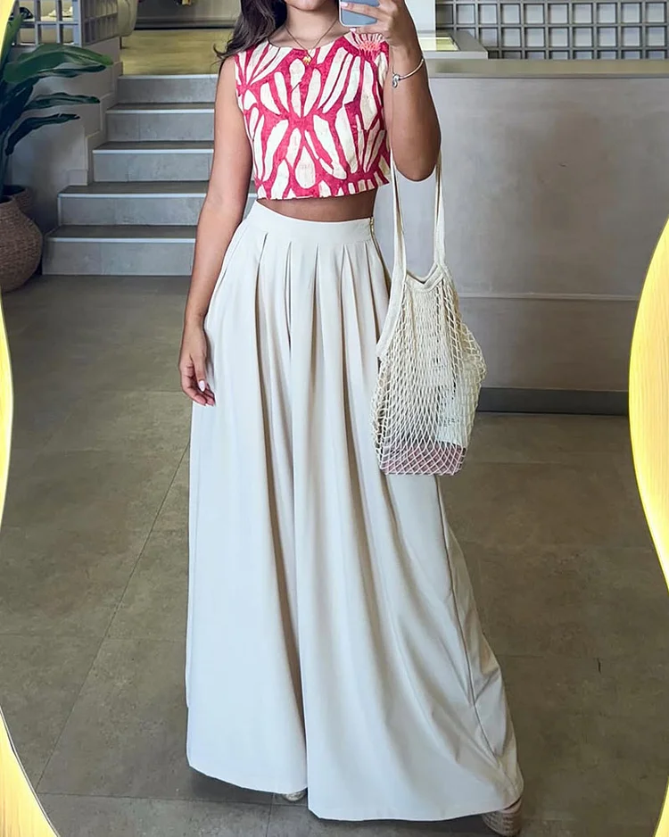 Sleeveless printed top + trousers two-piece set