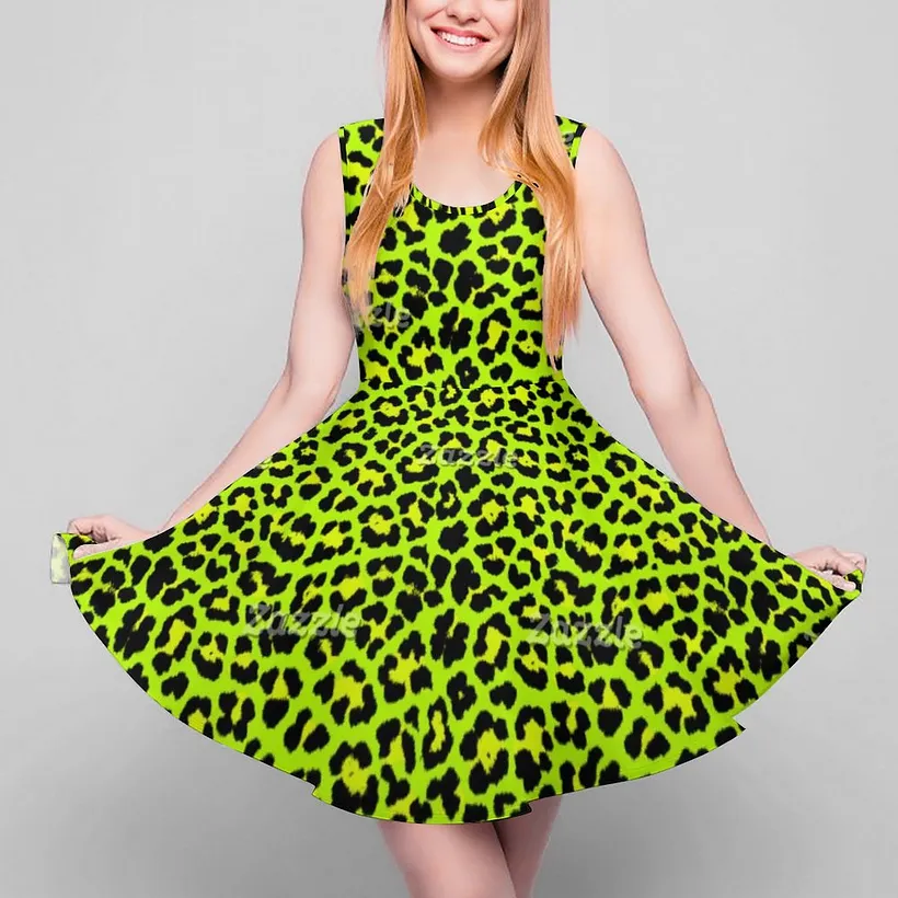 lime green skater dress Striking Punk Rock Leopard Print, Sleeveless Mini Dresses, Beach Vacation formal dresses for girls