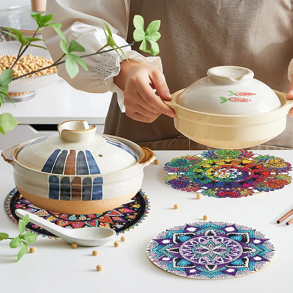 4pcs DIY Mandala Wooden Diamond Painted Placemats for Dining Table Decor(16*16cm)