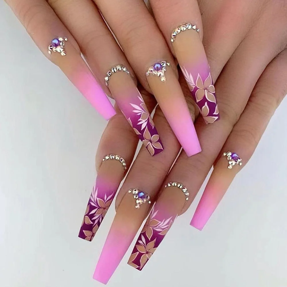 24pcs Matte Flower Fake Nails Extra Long Pink Gradient Coffin False Nails with Glue Shiny Rhinestone Manicure Ballerina Nails