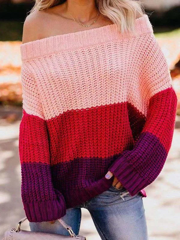 Spliced sweater loose pullover color women's