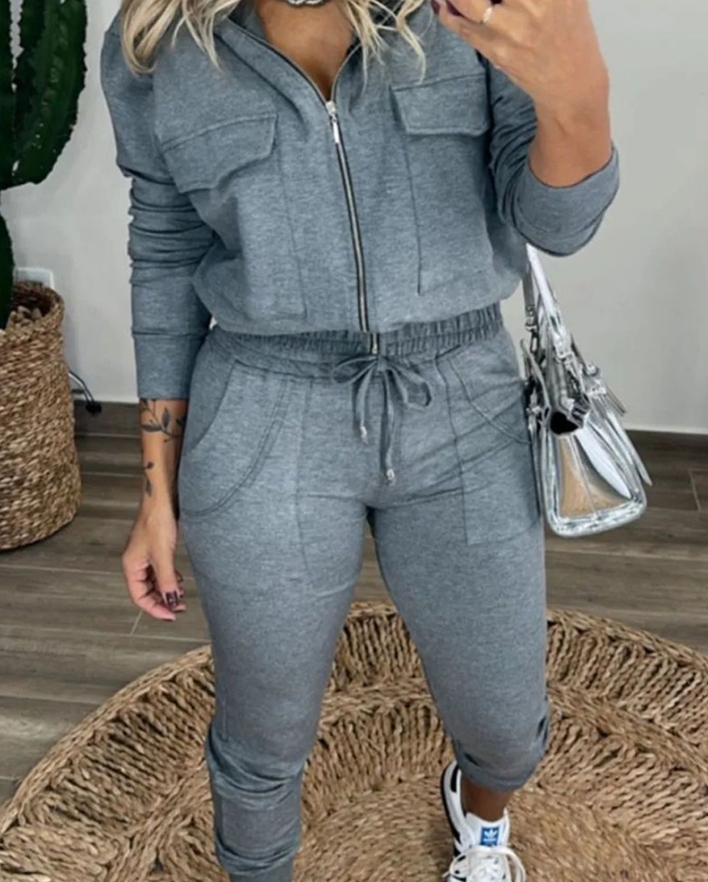 Repotas fall outfits women Two Piece Set Women Outfit 2025 Autumn Fashion Zipper Design Long Sleeve Hoodie & Drawstring Casual Pocket Cuffed Sweatpants Set