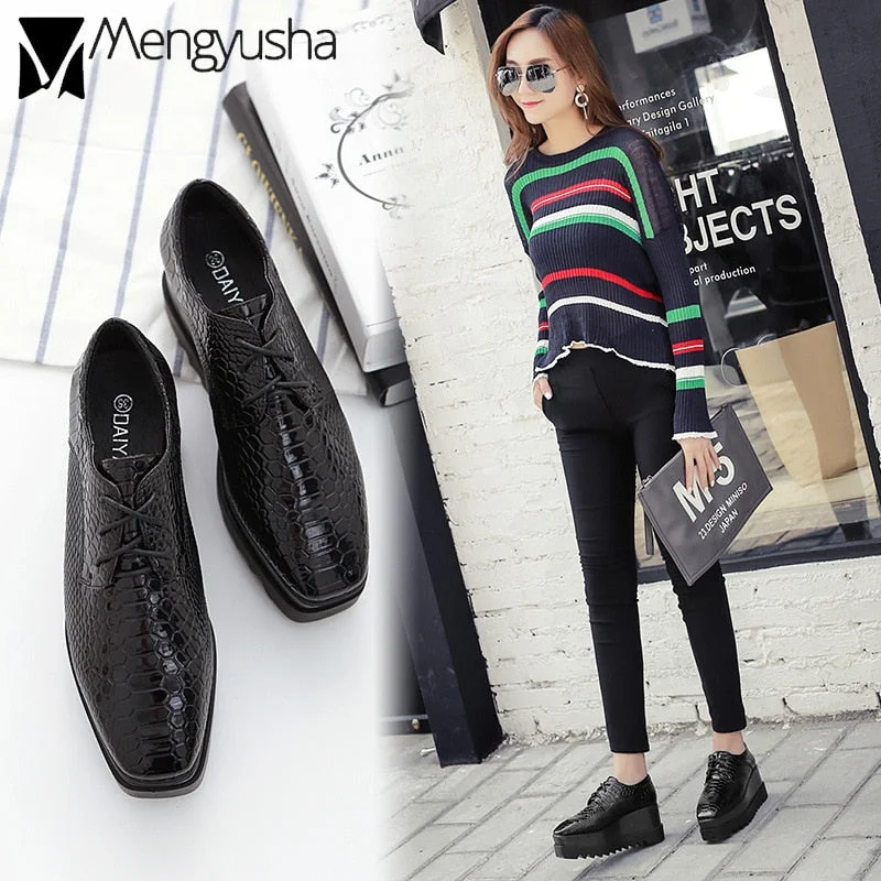 Celebrity Snake british thick bottom bullock shoes patent leather wedges platform espadrilles lace-up creeper square women shoes