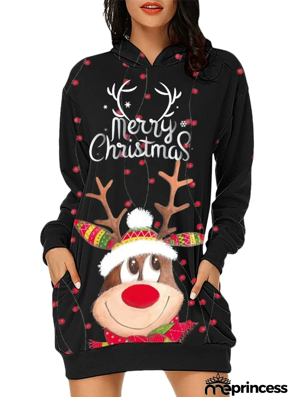 Winter Black Santa Carvinal Print Hoodies Christmas Dress