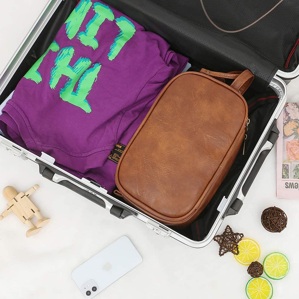 Toiletry Bag for Men, Large Capacity Travel Shaving Dopp Kit All In One Bathroom Toiletries Organizer Leather Cosmetic Bag (Brown)