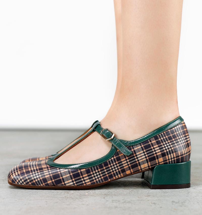 Multicolor Plaid T-Strap Square Toe Low Heel Pumps with Buckle Nicepairs