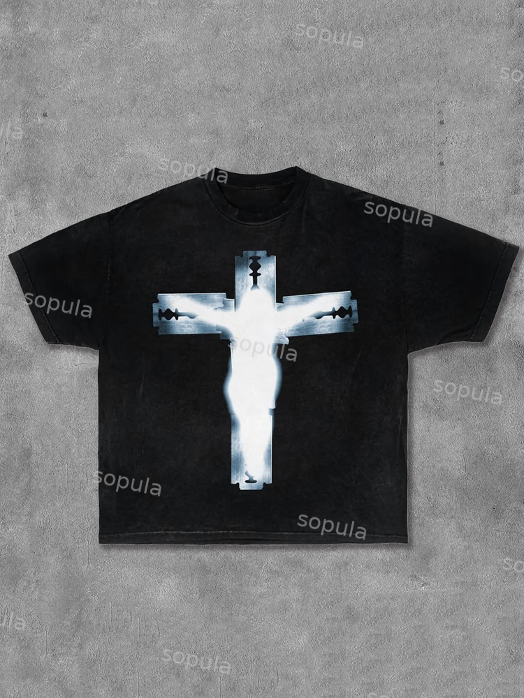 Casual Basic Cross Print Short Sleeve T-shirt - SOPULA
