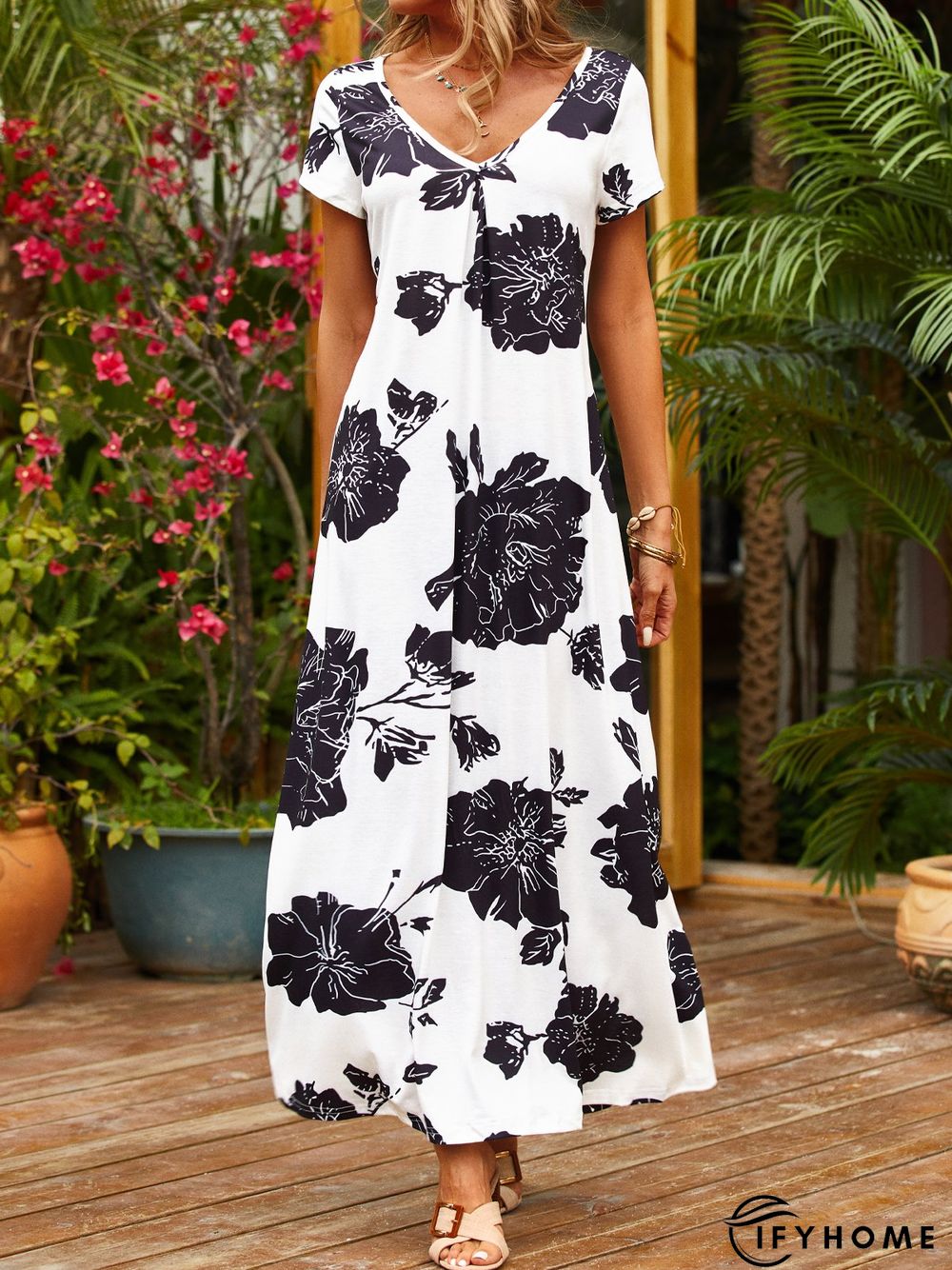 Loosen Casual Floral Short Sleeve Knit Dress | IFYHOME