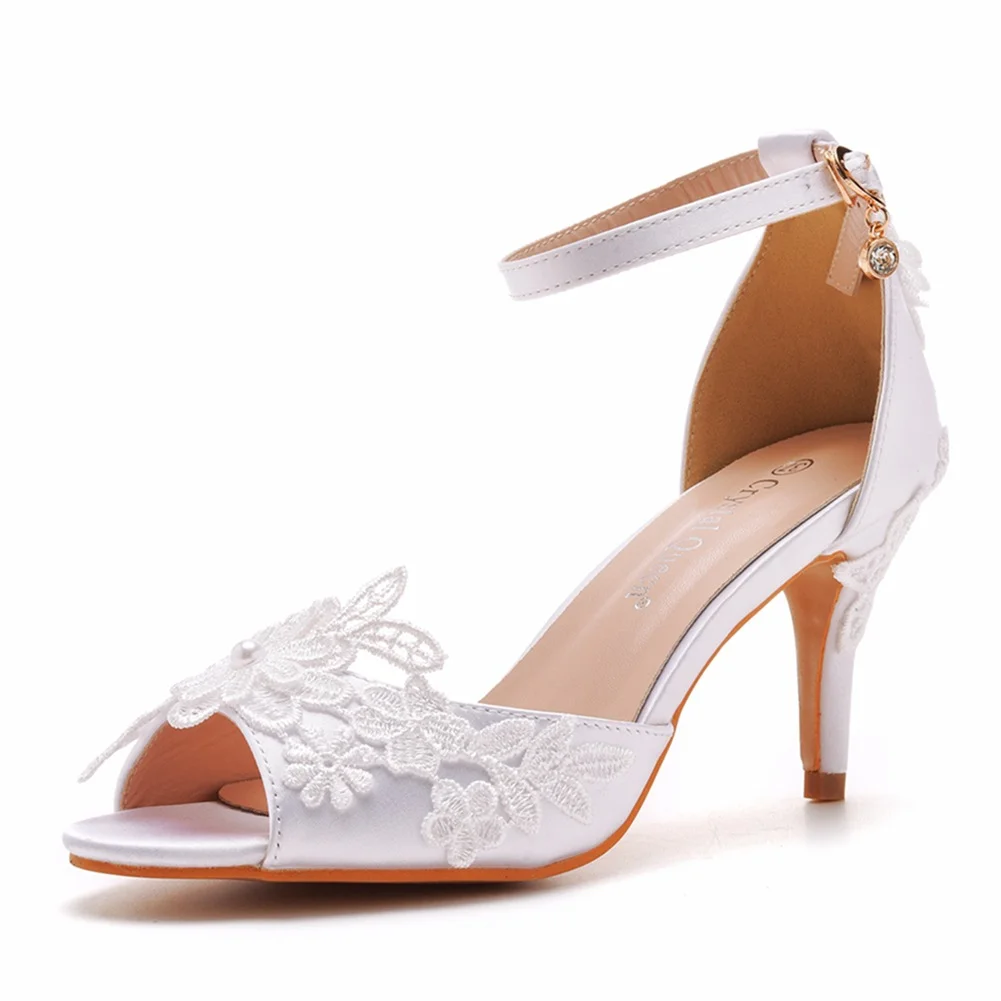 Breakj Breakj Cm Lace Flower Fish Mouth High Heel Sandals Light Mouth Buckle With Large-Size Round Head White Ribbon High Heel Shoes