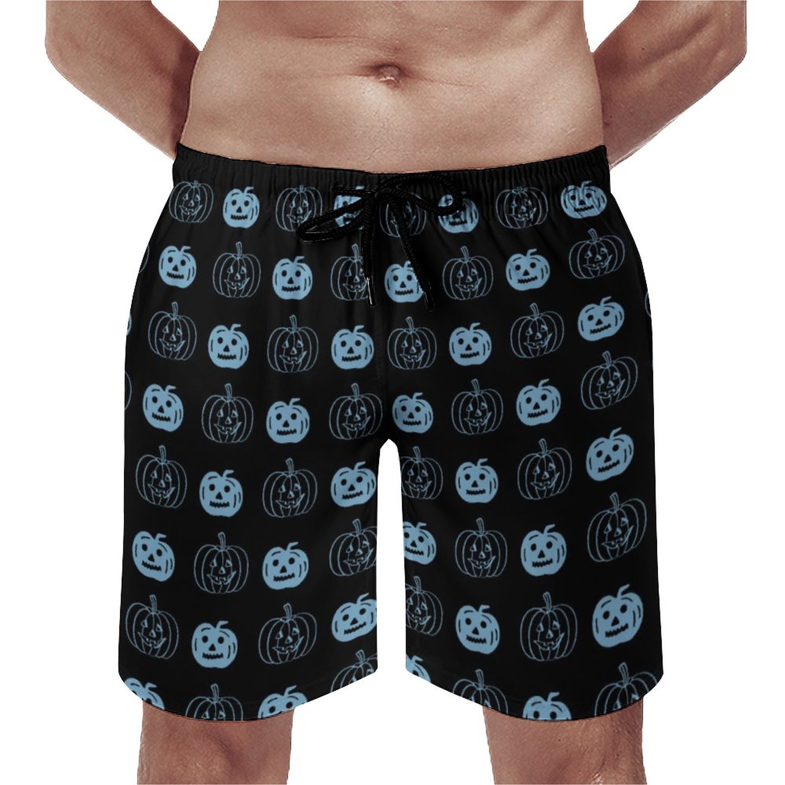 Halloween Black Blue Pumpkin Pattern Costume Elegant Men's Swim Trunks Summer Board Shorts Quick Dry Beach Short with Pockets