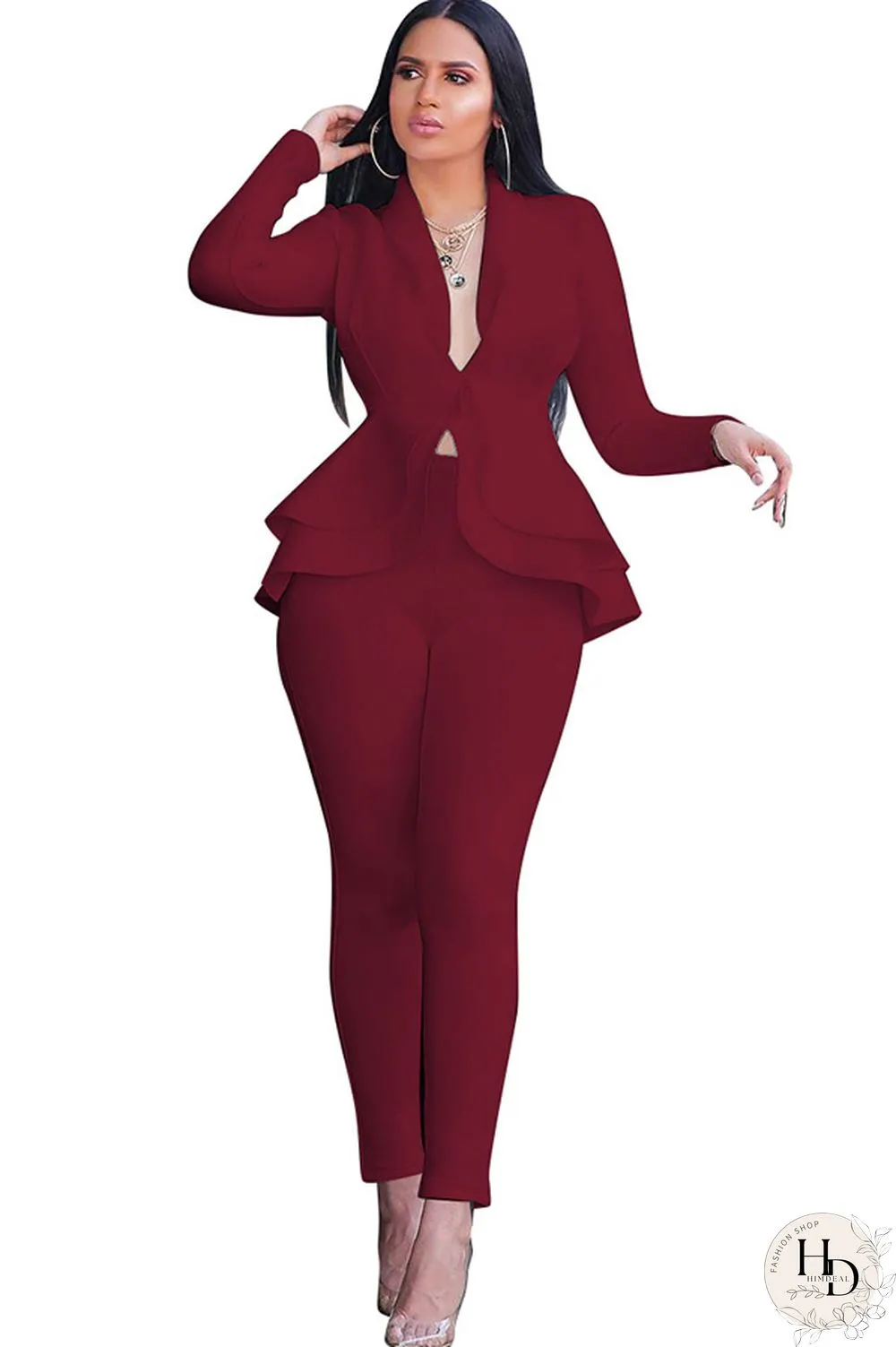 Black Casual Two Piece Suits Patchwork ruffle Solid pencil Long Sleeve