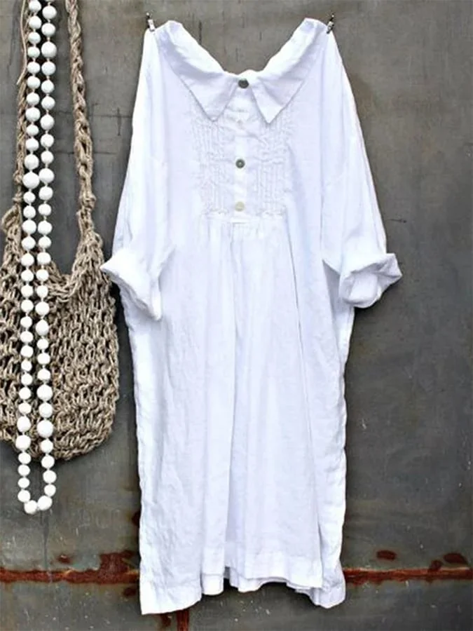 Cotton Solid Square Neck Pleated Lapel Button Dress
