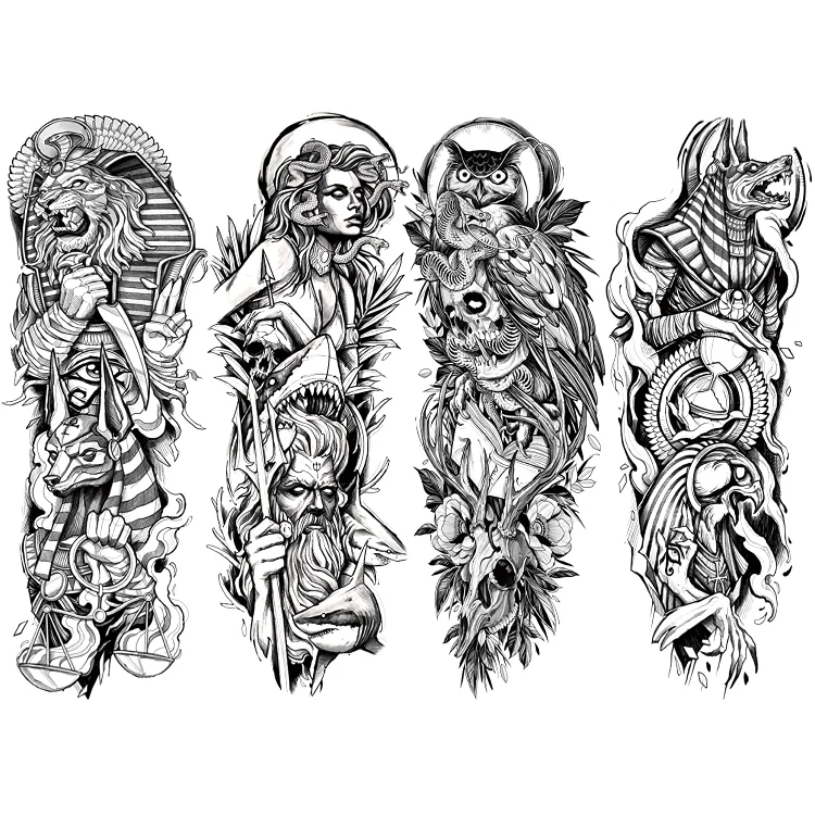4 Sheets Full Arm Leg Extra Large Temporary Tattoos, Owl Snake Skull God Medusa Poseidon Anubis Horus Lion Eagle Egypt