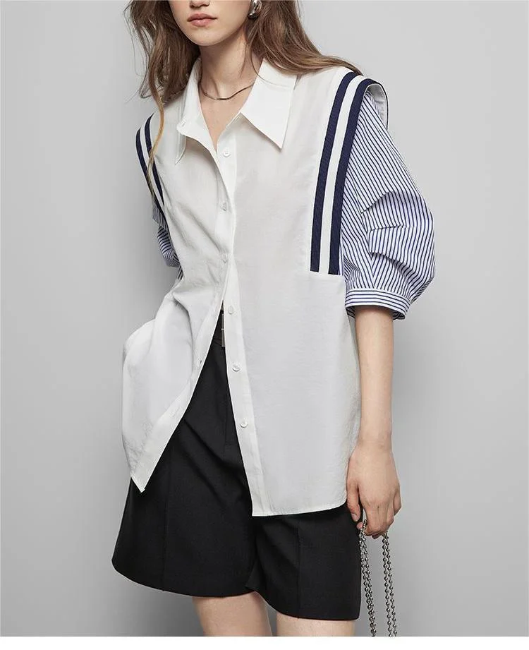 Loose Color Block Stripe Short Sleeve Shirt - yankia