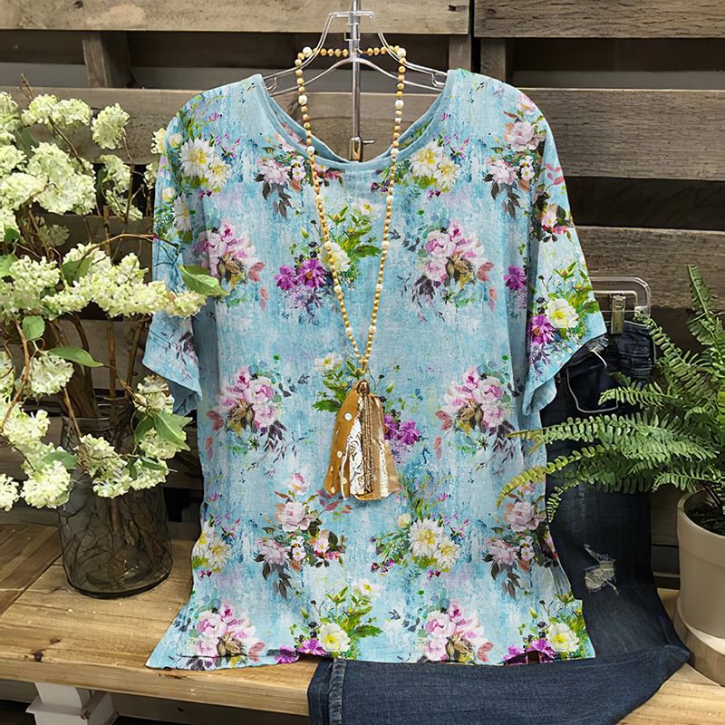 Casual round neck floral short sleeve tee