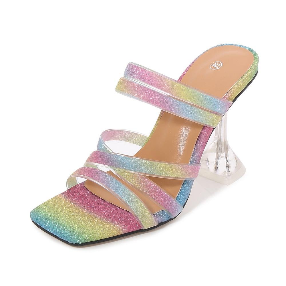 2021 Sandals Women Summer High Heels Mules Candy Color Strip Square Toe Slip On Wedding Party Sandalias Mujer Shoes Plus Size 46