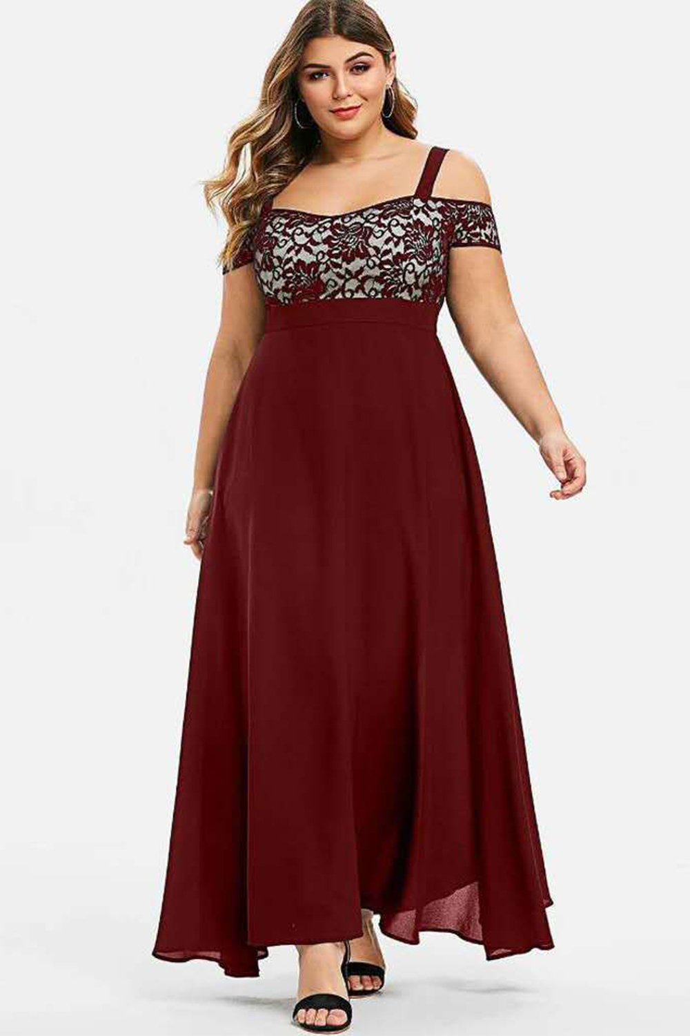Plus Size Wedding Guest Black Chiffon Lace Cold Shoulder Maxi Dress 2024 - Flycurvy 
