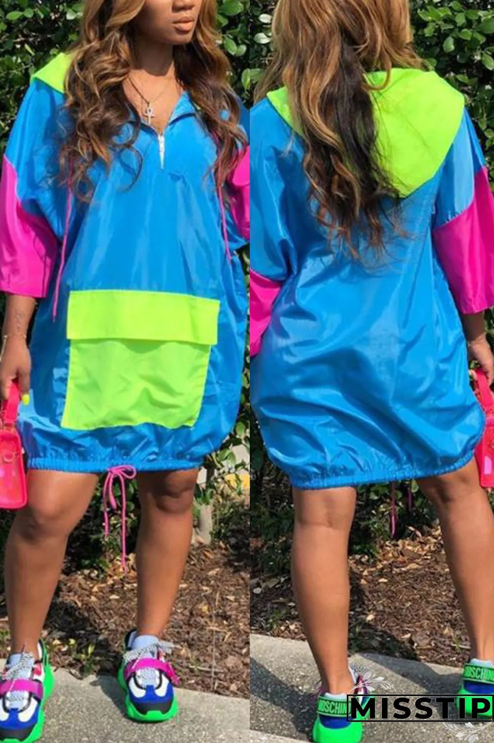 blue and green and Rose-carmine OL hooded Patchwork Solid Stitching Plus Size