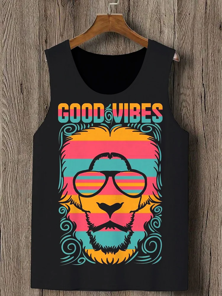 Men's Good Vibes Hawaiian Vacation Lion Art Print Cotton Tank Top