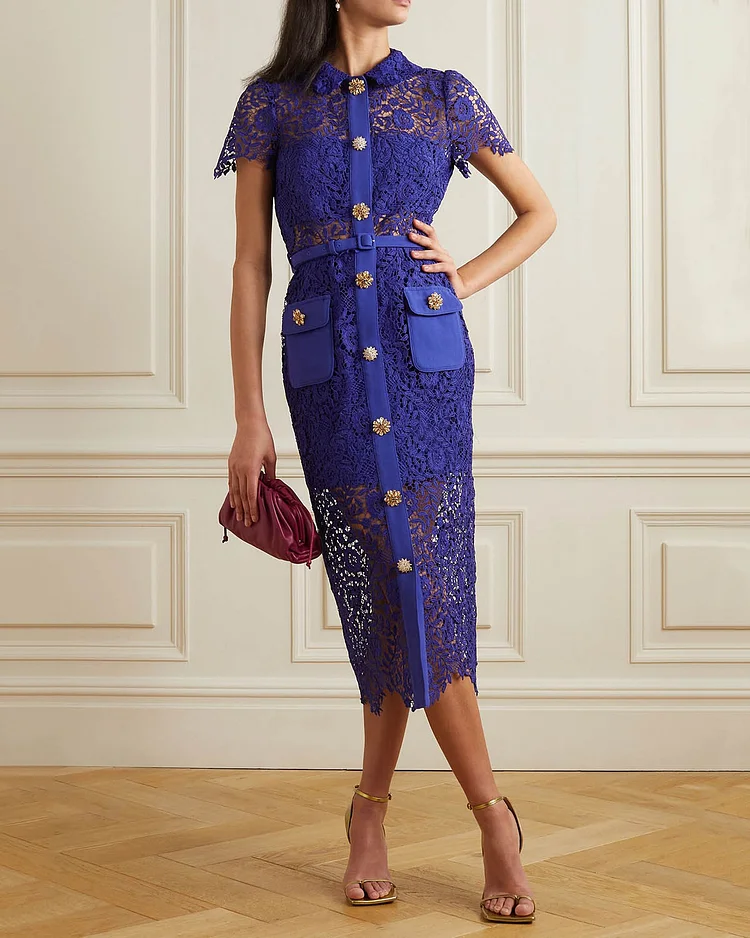 Button-embellished lace shirt dress