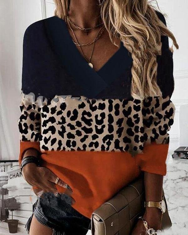 Casual Leopard V Neck Colorblock Autumn Pullover Top - Chicaggo
