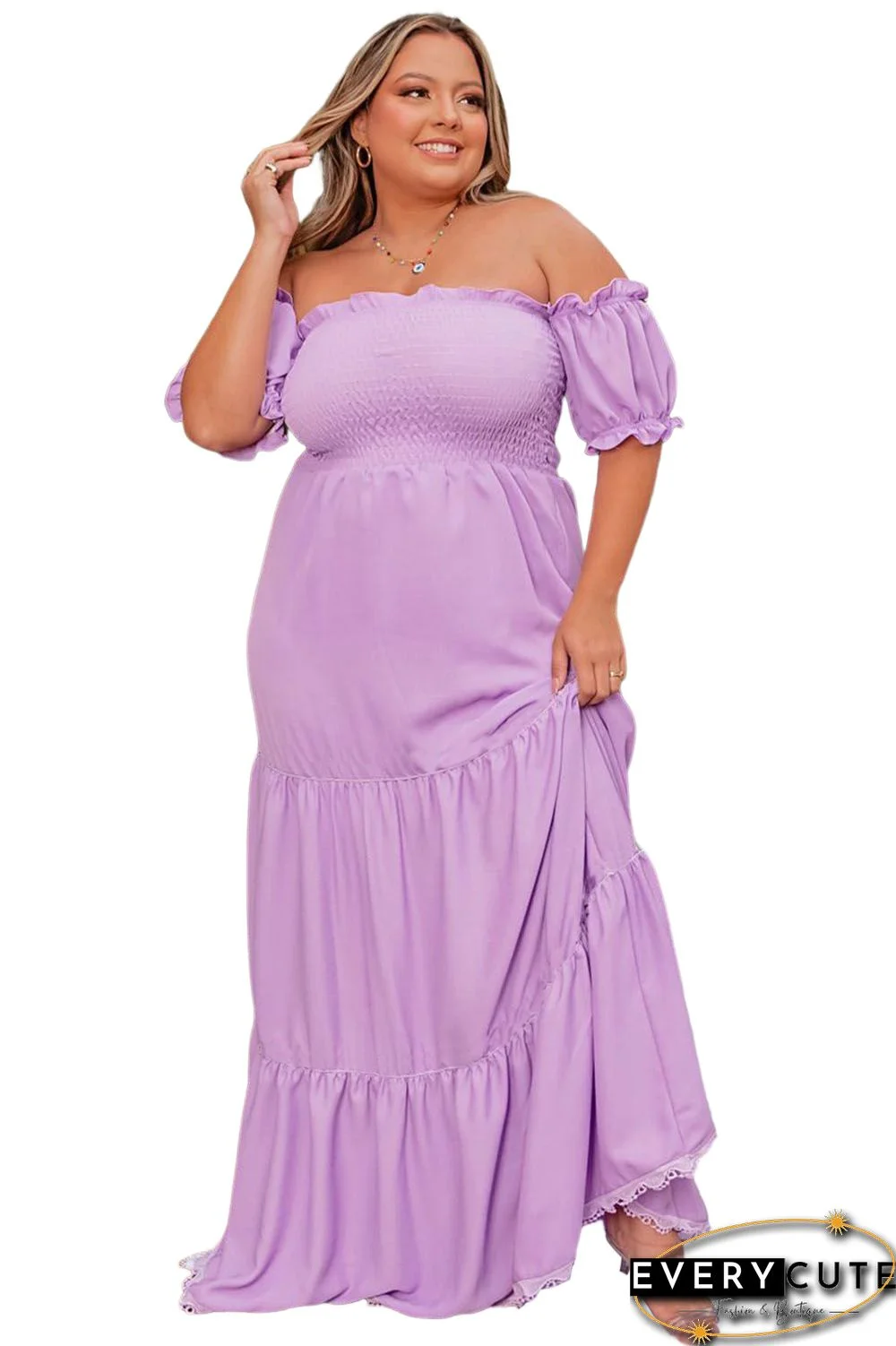 Purple Ruffled Smocked Off Shoulder Plus Size Maxi Dress