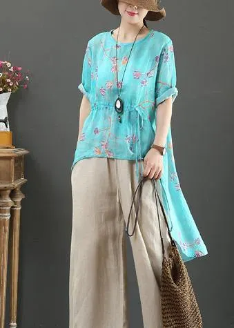 French o neck drawstring linen clothes Fabrics green print shirts