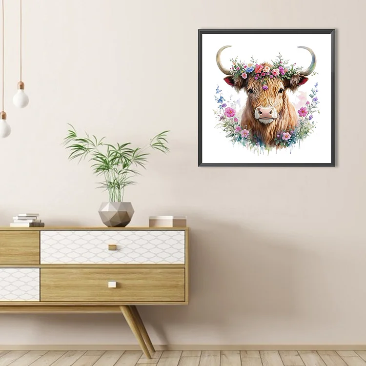 Diamond Painting Kits Highland Cow with Flower Wreath for Adults Round Full  Drill DIY Diamond Beads Arts Embroidery Craft for Home Wall Decor 16×20in