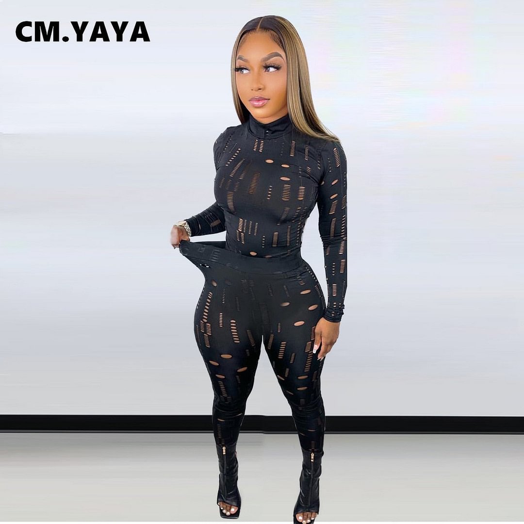 CM.YAYA Hole Active Women Set Long Sleeve T-shirt and Shorts Suit Sport Tracksuit Two Piece Set Fitness Outfit Black Tracksuit