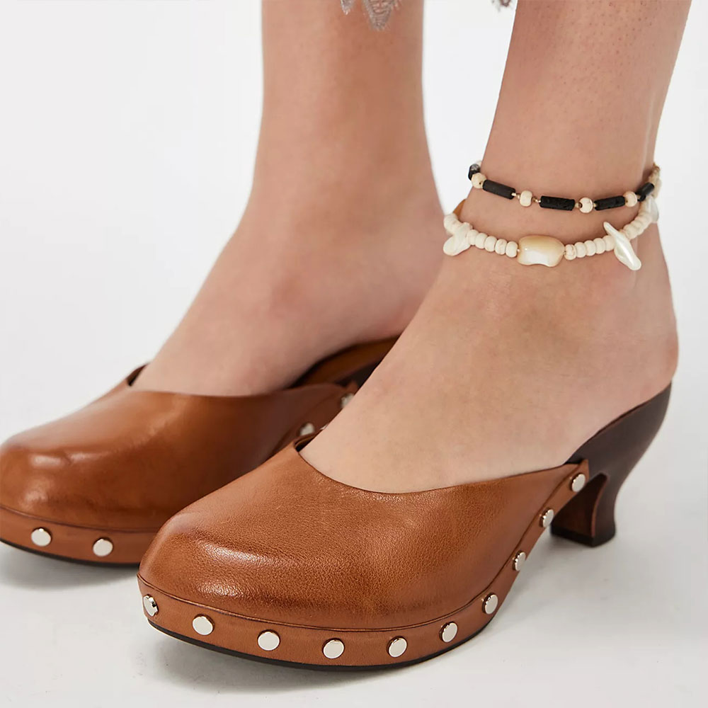 Brown Closed Toe Studded Spool Heel Casual Mule Shoes for Women Nicepairs
