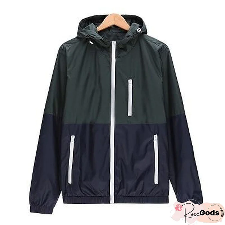 Windbreaker Men Casual Spring Autumn Lightweight Jacket Hooded Contrast Color Zipper Up Jackets Outwear