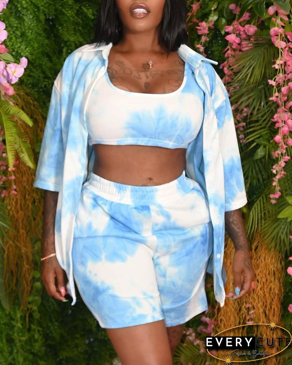 Tie Dye Print Coat & Tank Top & Shorts Sets