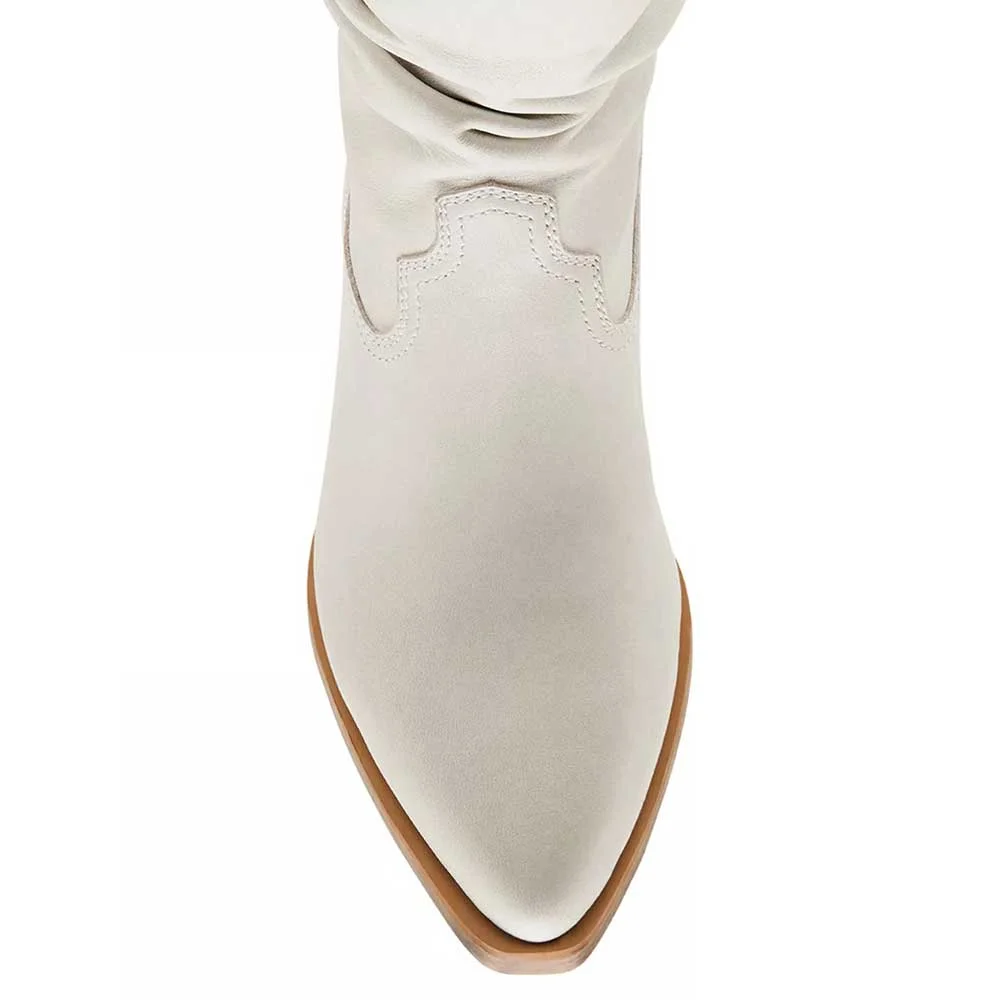 Women's White Pull On Almond Toe Stacked Heel Western Slouch Boots