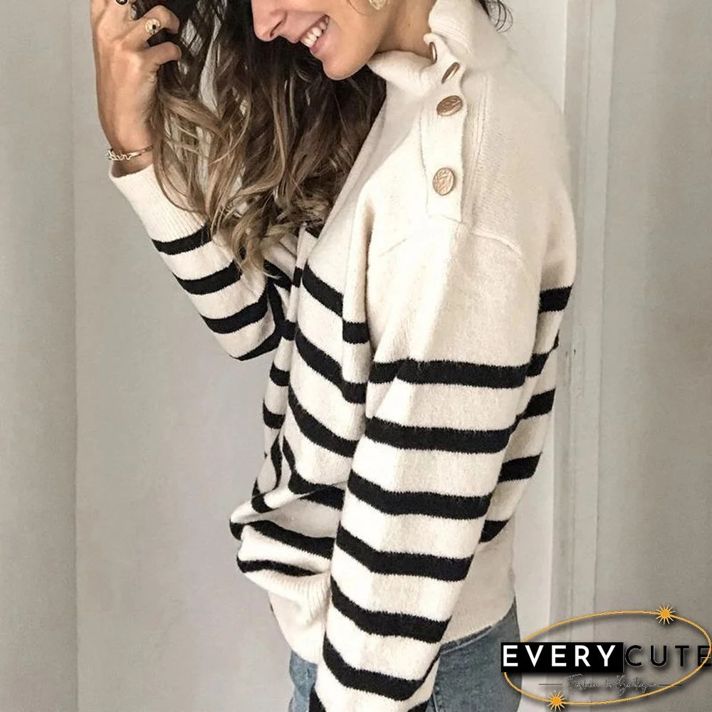 Stand Collar Shoulder Button Stripe Sweater