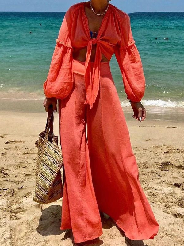 Women's 2Piece Set Holiday Beach Outfits 2 Piece Puff Sleeve Top and Wide Leg Pants