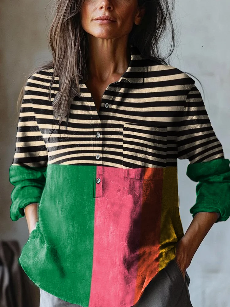 Women's Geometric Abstract Art Print Casual Cotton and Linen Shirt
