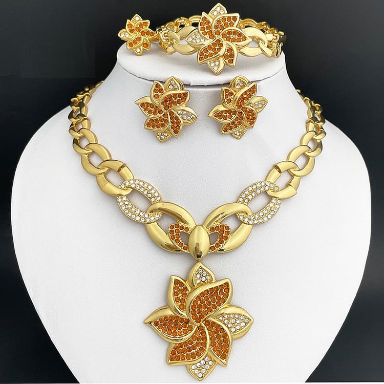 Dubai Gold Color Jewelry Set For Women Flower Necklace Earrings Set