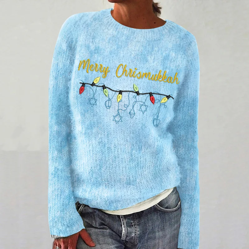 Hanukkah Merry Christmas Embroidery Knitted Sweater