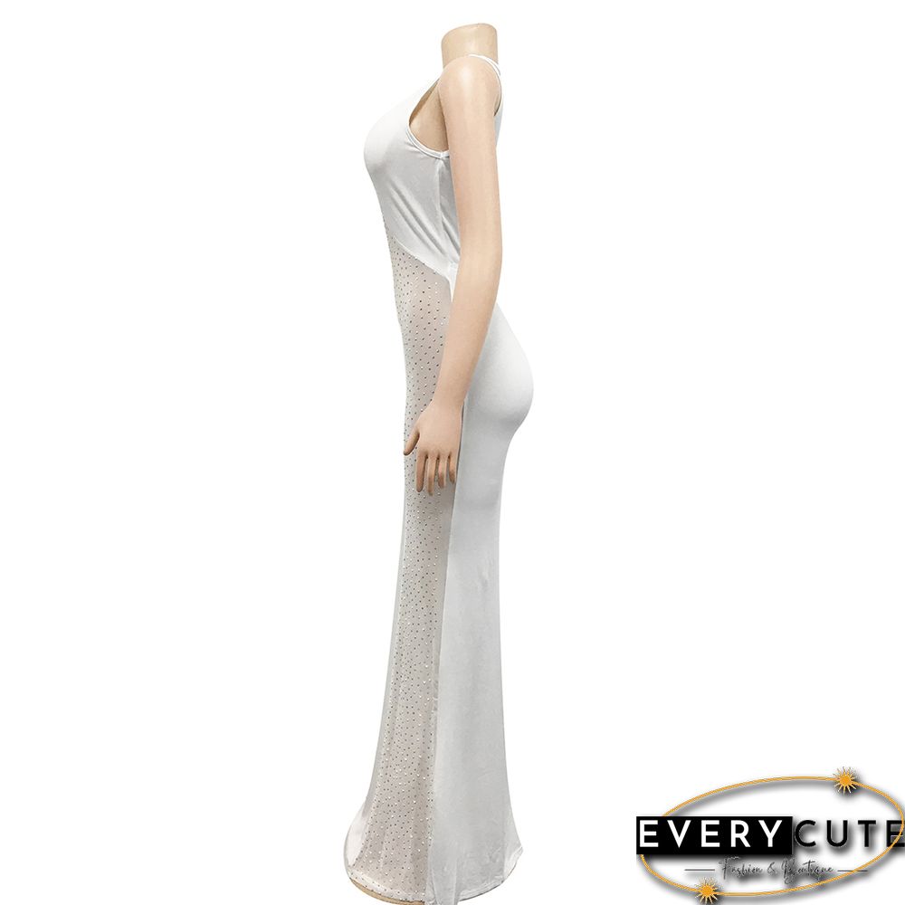 White Rhinestones Mesh Sleeveless Maxi Dress