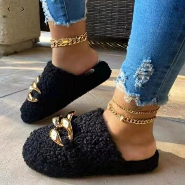 Plus Size Slippers Women Furry Fur Slides Home Flip Flops Ladies Winter Warm Metal Female Mules Shoes Outside Slippers for Women 514-1