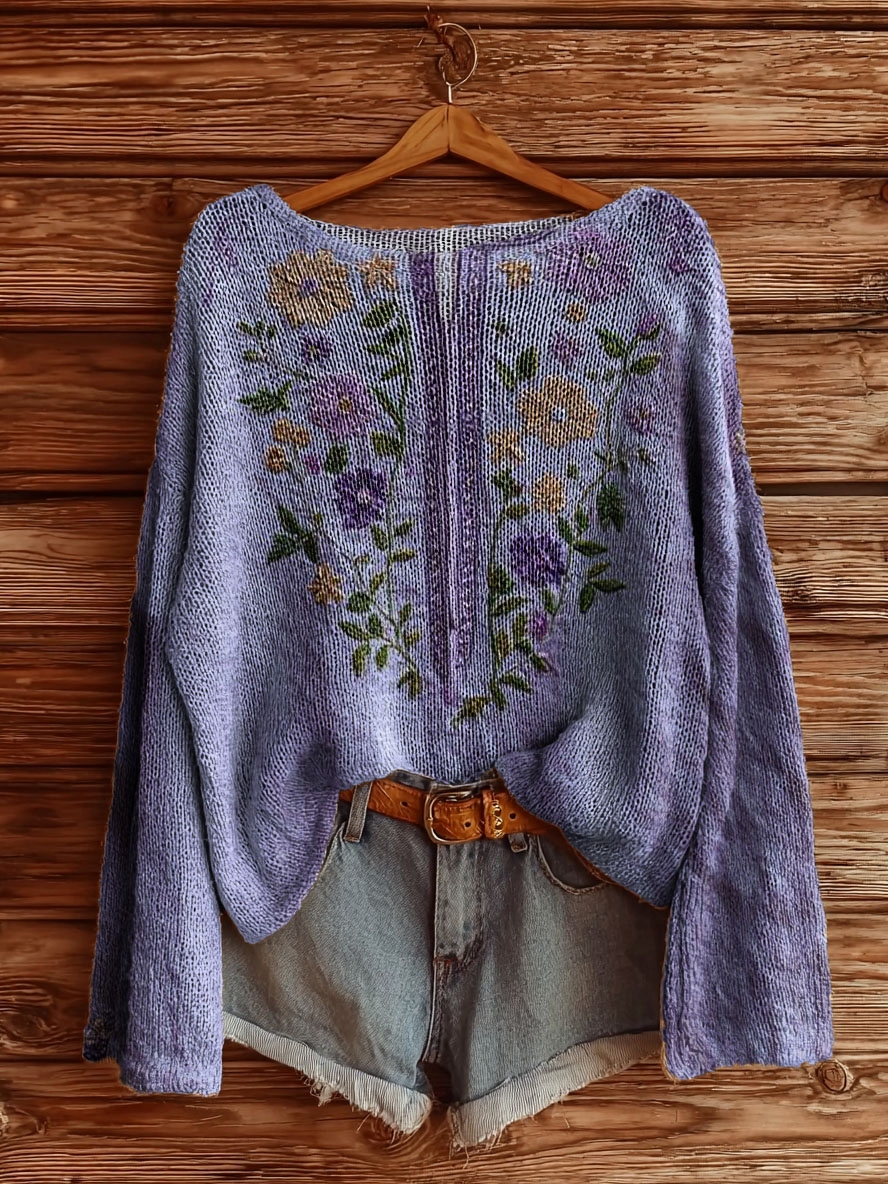 Women's Vintage Ethnic Floral Tattoo Pattern Art Print Casual Pullover Sweater