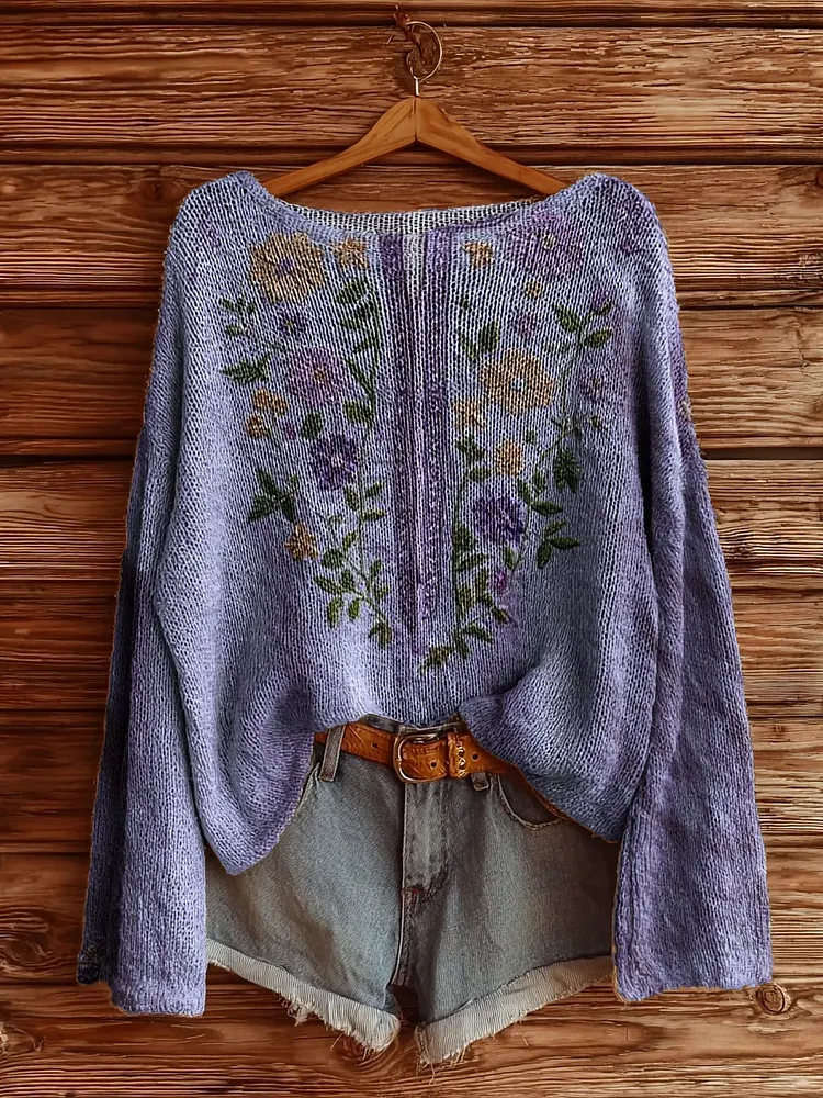 Women's Vintage Ethnic Floral Tattoo Pattern Art Print Casual Pullover Sweater