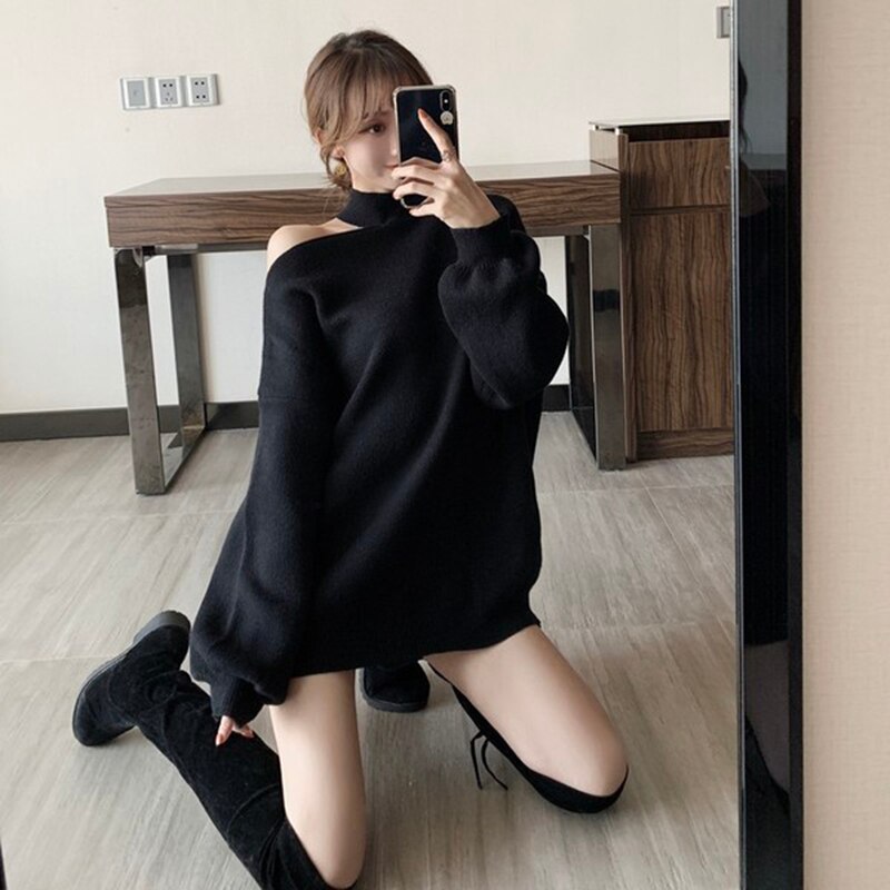 Women Autumn Winter One Shoulder Sweater Loose Fit Plush Pullover Sweater Pure Color Warm Fashion Long Sleeve Knitted Streetwear